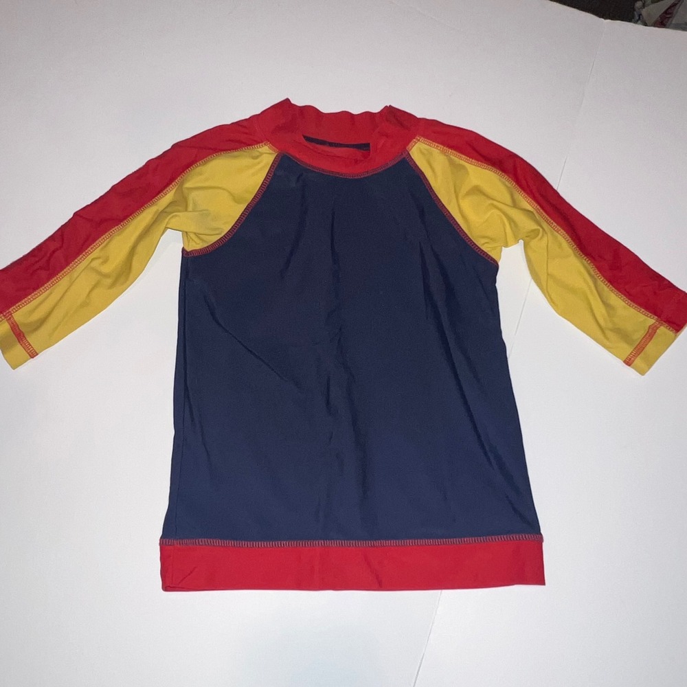 Mini Boden Rash Guard Kids 4-5y Blue Red Yellow Colorblock UPF 40+ Swim Top